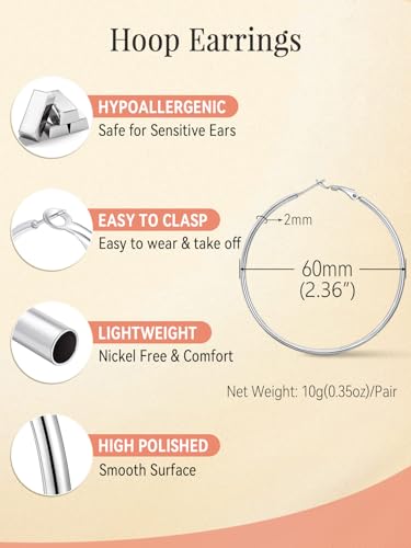 FaithHeart Silver/Black/Gold Stainless Steel Thin Hoop Earrings for Women | 2mm Wide Thin Large Hoop Earrings, Hypoallergenic Lightweight Trendy Jewelry, 20/30/40/50/60/70/80/90/100mm - color: Silver, size: 60mm/2.36"