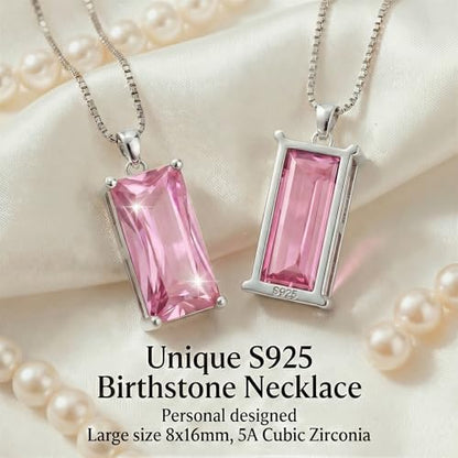 8mm x 16mm Square Birthstone Pendant Necklace – Fashion charming Sterling Silver Gift for women - color: October