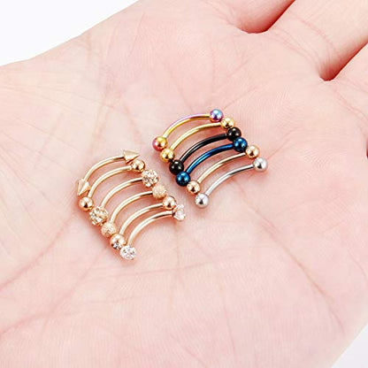 SCERRING 12PCS 16G 10mm Stainless Steel Eyebrow Tragus Helix Rook Daith Earrings Belly Lip Ring Clear Cubic Zirconia Barbell Body Piercing Jewelry - color: 12PCS - Rose Gold