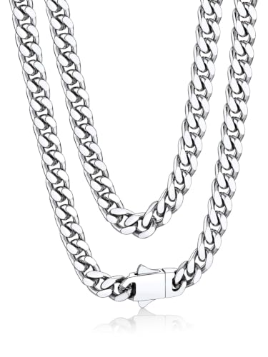 Bandmax Men's Premium Solid Stainless Steel Miami Cuban Link Chain Necklace | Waterproof Tarnish Resistant Chain, Silver Finish/Gold/Black Plated, Easy-open Clasp, 5/7/9/12MM, 18-30 Inches, With Gift Box - color: 01 5MM-Silver Tone, size: 20 Inch (51cm)
