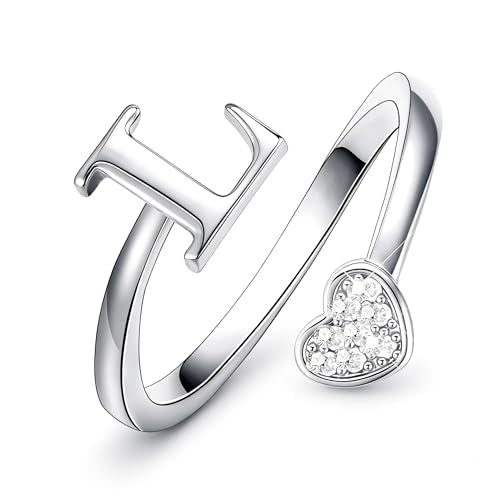 Lunvky Birthday Gifts Silver Initial Rings for Women Teen Girl Kids Trendy Stuff Dainty 14K Gold Plated Adjustable Heart Letter Thumb Rings Pinky Cute Jewelry Personalized Gift - color: Silver, size: Initial-L