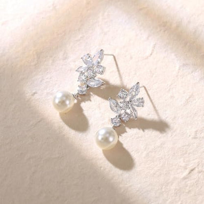 Crysdue Simulated Pearl Earrings for Women, Dainty Silver/Gold/Rose Gold Plated Cubic Zirconia Drop Dangle Earrings Wedding Jewelry for Bride Bridesmaid - style: A- CZ+pearl, silver
