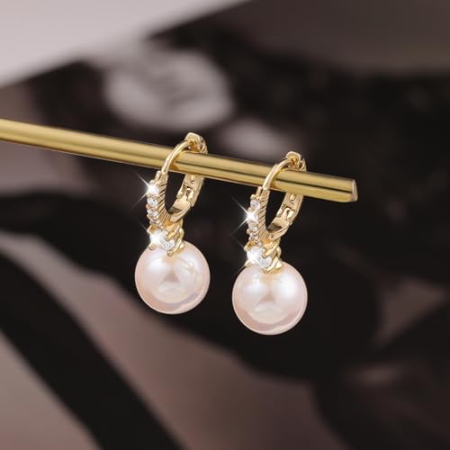 Pearl Earrings for Women 14K Gold Plated Hypoallergenic Pearl Earrings 5A Cubic Zirconia Dangle Earrings Elegant Jewelry - color: 2-Gold-Pink