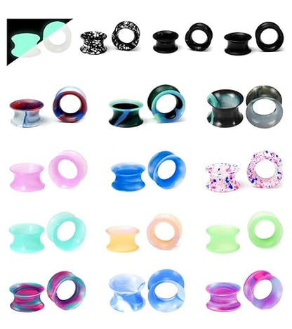 WBRWP 48/32/24/22/20/16/12pcs Ear Tunnels and Plugs - Double Flared Hollow Hard/Soft Silicone Ear Gauges - Ear Expander Stretcher Body Piercing Jewelry 8g-1" - color: 32PCS soft(thin) silicone set
