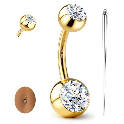 GEMQUEEN Moissanite ＆ G23 TItanium Belly Button Ring 18K Gold Plated Hypoallergenic Internally Threaded Belly Rings 14G Ball Navel Piercing Jewelry for Women Men D Color VVS1 Clarity Brilliant Cut - color: Gold-D Color Moissanite Stone, size: 14mm Length