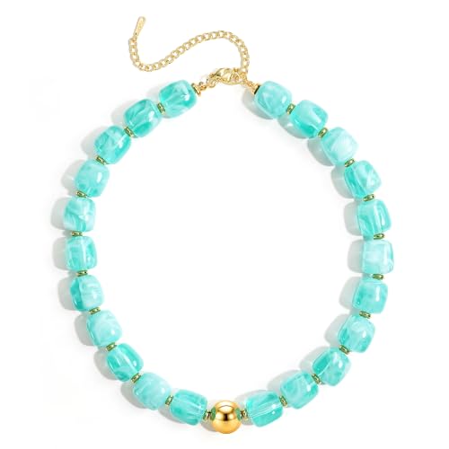 Ritach Chunky Beaded Necklaces for Women - Colorful Large Square Acrylic Beaded Necklace Boho Chunky Necklace Adjustable Statement Choker Necklace for Women Waterproof Summer Beach Jewelry Gifts - color: Mint Green
