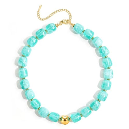 Ritach Chunky Beaded Necklaces for Women - Colorful Large Square Acrylic Beaded Necklace Boho Chunky Necklace Adjustable Statement Choker Necklace for Women Waterproof Summer Beach Jewelry Gifts - color: Mint Green
