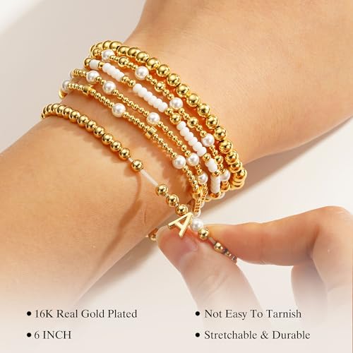 18K Gold Plated Beaded Stretch Initial Bracelet for Women Gifts | Dainty 6PCS Initial A-Z Letter Beaded Stackable Bracelets Set, Waterproof 7 Inch Stretch Elastic, Jewelry Gifts for Women Her - style: A.