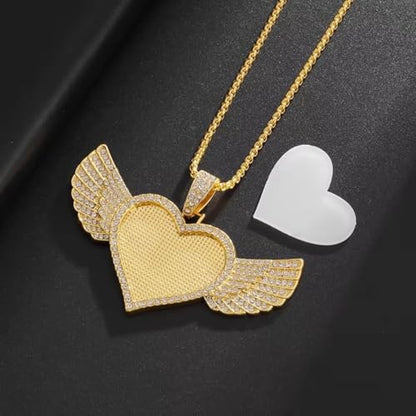 Hip Hop Ice Out Angel Wings Heart Shaped Photo Frame Pendant Necklace for Men and Women Fashion Souvenirs Jewelry Gifts - color: golden