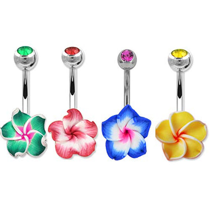 Assorted Set 14 Gauge 3/8 Inch 316L Surgical Steel Barbell Belly Button Navel Rings Dangles Boho Hawaiian Plumeria Flower - style: 4 Belly Rings