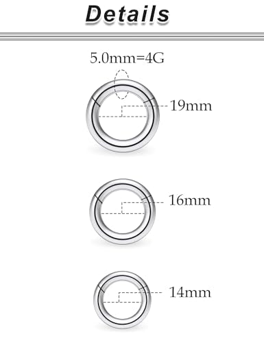 20G-2G Surgical Steel Hinged Clicker Septum Nose Rings Gauges Earrings Seamless Hoops Eyebrow Lip Ring Cliker Helix Tragus Daith Rook Earrings for Women Men - color: Silver, size: 4G(5mm)-14/16/19mm