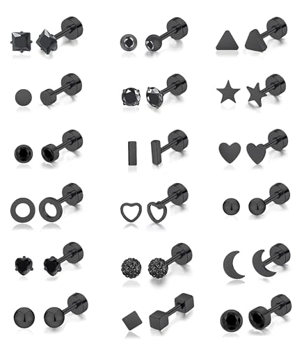 18Pairs 20G 18G Stainless Steel Tiny Stud Earrings for Women Cartilage Helix Earrings Ball Star CZ Earrings - color: Black, size: 20G