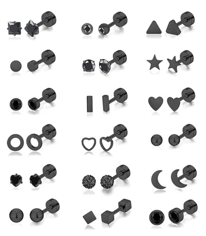 18Pairs 20G 18G Stainless Steel Tiny Stud Earrings for Women Cartilage Helix Earrings Ball Star CZ Earrings - color: Black, size: 20G