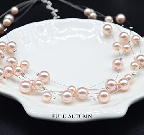 FULU AUTUMN Layered Pearl Necklace Multi-strand Pearl Choker Necklaces for Women Beaded jewelry for Wedding Parties - color: Pink