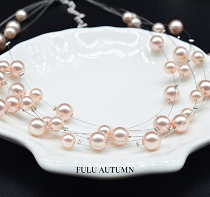 FULU AUTUMN Layered Pearl Necklace Multi-strand Pearl Choker Necklaces for Women Beaded jewelry for Wedding Parties - color: Pink