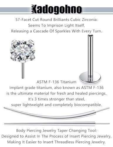 F136 Titanium 20/18/16g Internally Threaded Medusa Monroe Lip Ashley Labret Nose Rings Flat Back Tragus Helix Cartilage Conch Screw Stud Earrings Surgical Steel Piercing Jewelry for Women - color: White CZ, size: 16g*3/8in