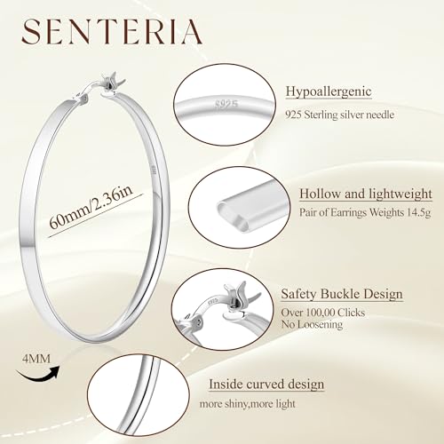 Senteria Lightweight Gold Hoop Earrings for Women 4mm Wide Large Hoop Earrings 14K Real Gold Plated Hypoallergenic Hoops Earring Big Thin Earring Hoops for Women 30/40/50/60/70mm - style: 60mm silver