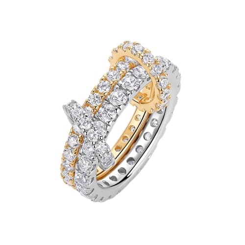 PAVOI 14K Gold Plated Interlocking Ring for Women - Chunky Connected Bands Interlock Stackable Rings for Women - Trendy Cubic Zirconia Two Tone Interlocked Multi-Band Statement Jewelry - style: Two Bands & CZ - Two Toned