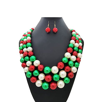 Simulated Pearl Necklace & Earring Set, Multi Strand - color: Red + Green