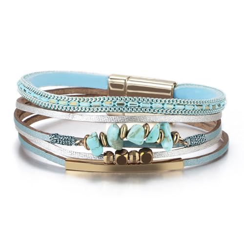 Fesciory Leather Wrap Bracelets for Women, Boho Western Layered Jewelry | Layered leather cuff bracelets, Easy on and off, Boho western style, Daily wear, Gift for women - color: Blue 1