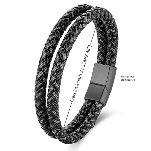 Minimalist Two-row Braided Leather Bangle Bracelet for Men, Cool Punk Rock - color: Grey