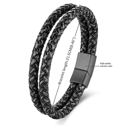 Minimalist Two-row Braided Leather Bangle Bracelet for Men, Cool Punk Rock - color: Grey
