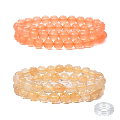 Crystal Beaded Bracelets Set, 4 Piece Gemstone Stretch Bracelets, Rose Quartz, Agate,Jasper, Tiger Eye and Multicolor Glass Beads with String - style: Type 9(Orange Jade+Smoke)