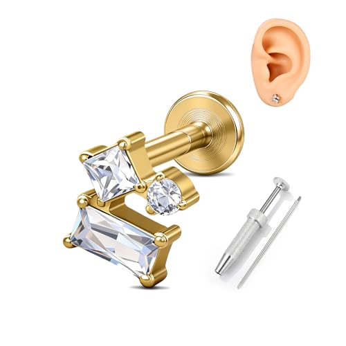 G23 Titanium Gold Filled 16G Cartilage Earring, 6mm 8mm - color: Square CZ, Gold, size: 6MM