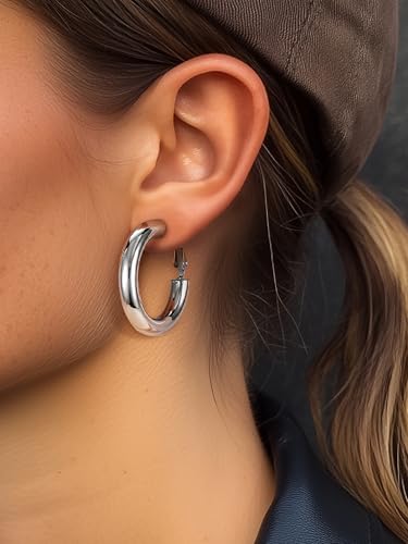 PROSTEEL Chunky Hoop Earrings for Women 14K Gold Plated/Black/Silver | 20/30/40/50/60/70/80mm Stainless Steel Thick Big Round Hoop with Waterproof and Non Tarnish Trendy Jewelry with Gift Box - color: 1. Silver, size: 30MM