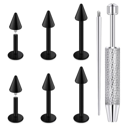 Internally Threaded Labret Studs 18G 16G 14G Surgical Steel Lip Piercing Jewelry with Claw Tool Monroe Snake Bite Jewelry Flat Back Barbell for Women Men Plus Piercing Ball Grabber Tool - color: black, size: 14g,spike end