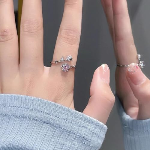 Adjustable Leaf Stackable Rings for Women Cubic Zirconia Stones Blue Leaves Purple Flower Open Band Stacking Finger Sliver Rings Fashion Plant Floral Aesthetic CZ Jewelry - color: rose flower