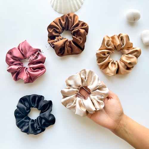 SILVR BEAR Luxury Satin Scrunchies, Satin Hair Ties for Thick & Curly Hair, Brown Scrunchies for Women and Girls, Softer than Silk Hair Ties (Earthy Shades) - color: Earthy Shades