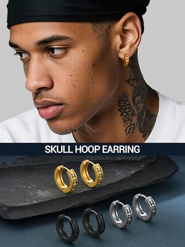 PROSTEEL Stainless Steel Huggie Hoop Earrings for Mens Gold/Black/Silver | Skull/Infinity Pattern, Spike/Cuban Links 4 Design Options Hypoallergenic Lightweight Earring Hip Hop Punk Gothic Jewelry - style: Skull-Gold