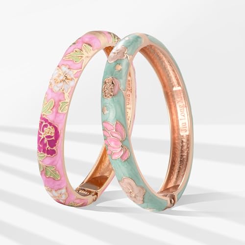 UJOY Cloisonne Bracelet Butterfly Hinge Indian Cuff Bangle Enameled Jewelry Flower Bracelets for Women Gift Box 55A114 - color: 2 Pcs/Set-Lotus-Green and Pink