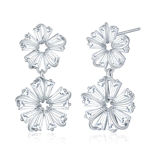 Gemsme Bridal Wedding Earrings for Brides Bridesmaides, 925 Sterling Silver Posts hypoallergenic Cubic Zirconia stud,Drop & Dangle Earrings for Women Jewelry Gifts - color: White - Flower Drop Earrings