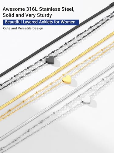 PROSTEEL Trendy Handcuffs Design/Customize Words Ankle Bracelet For Women, 316L Stainless Steel Anklets Silver/Gold/Black Tone, Hypoallergenic, Come with Box - style: 06.2 Layered-Herringbone&Heart-Black