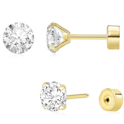 Threadless Flat Back Earrings, Hypoallergenic 14K Real Gold Plated CZ Stud Earrings | Cartilage Earring | Tragus Helix Piercing Jewelry | Push in Flatback Earrings for Women Men - color: 14K Gold, size: 6 Millimeters