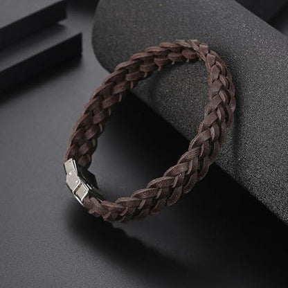Men's Leather Bracelet, Stackable Stainless Steel Clasp Bracelets for Men Stylish Birthday, Thanksgiving, Valentine's Day Gift for My Man (8.2" Braided Brown Leather) | Men's Accessory, Leather Band, Stainless Steel, Wrist Bracelet