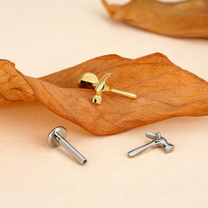 FINE4U 1PC ASTM F136 Titanium Internally Threaded Piercing Jewelry Stud 16G 6mm 8mm for Helix, Tragus, Conch, Flat - color: Hammer - Tit