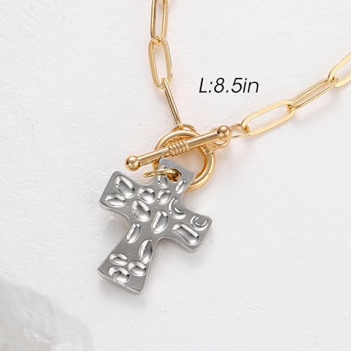 Cross Bracelet for Women Vintage Style Two-Tone Cross Chain Bracelet Gold Plated Paperclip Link Adjustable OT Clasp Jewelry