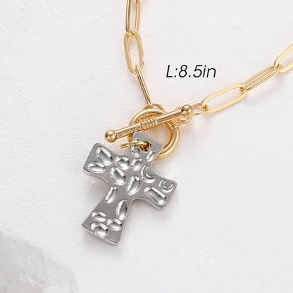 Cross Bracelet for Women Vintage Style Two-Tone Cross Chain Bracelet Gold Plated Paperclip Link Adjustable OT Clasp Jewelry