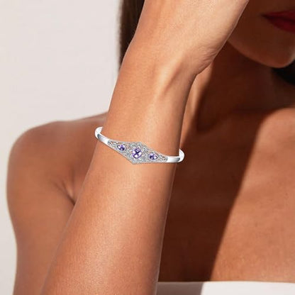 Genuine Amethyst Cuff Bracelet, 925 Sterling Silver Vintage Filigree Engraved Open Bangle Purple Gemstone Boho Jewelry February Birthstone Gift for Women - style: Style A