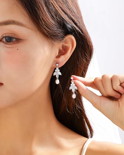 Pearl Earrings for Women, 14k Gold Plated Trendy Diamond Pearl Drop Earrings Bridal Shower Gifts Wedding jewelry for Women - color: Style E Silver
