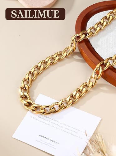 sailimue Chunky 18K Gold Plated Necklace Non Tarnish Heavy-Duty Stainless Steel Cuban Link Chain for Women Men Hypoallergenic Thick Choker Chain Necklaces Unisex Statement Jewelry Gift 9/13/15mm - color: Gold