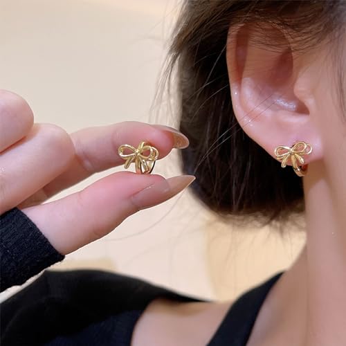 Pearl Bow Earrings for Women Coquette Aesthetic Jewelry Rhinestone Bow Earrings for Bridesmaids Wedding Party Accessories Bridal Costume Accents Bowknot Themed Gifts - color: K1: Gold Bow Hoop Earrings