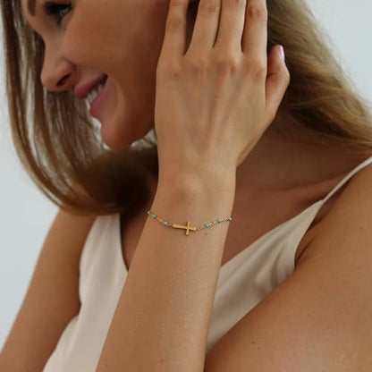 18K Gold Plated Pearl Beaded Cross Bracelets for Women Adjustable Stainless Steel Dainty Thin Gold Box Cuban Twisted Link Chain Bracelet Bridesmaid Jewelry Gifts - color: Green Cross-Gold