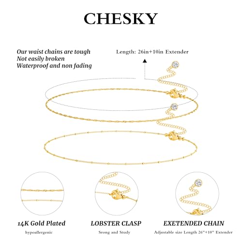 CHESKY Waist Beads for Women, 14k Gold Plated Waist Chain Gold Chain Belt for Womens Simple Body Chain Jewelry Belly Chain Beach Accessories Dainty Gold Jewelry for Women Gifts Rave Outfits for Womens - style: wave beads-gold