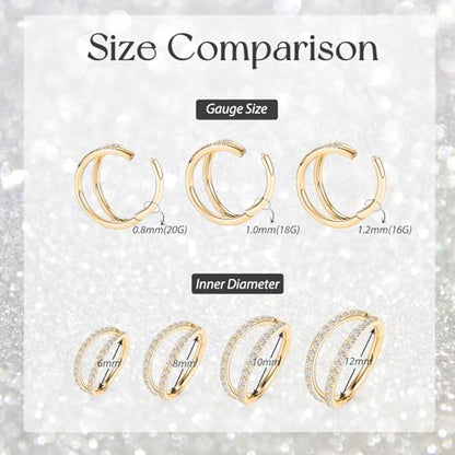 GAGABODY Conch Piercing Double Open Stack with CZ 16 Gauge Hoop Earrings 18g Septum Jewelry 20g Septum Ring Daith Earrings 316L Surgical Steel Lip Rings Helix Rook Cartilage Earrings Hoop - color: Style9:Gold+Double Hoop CZ