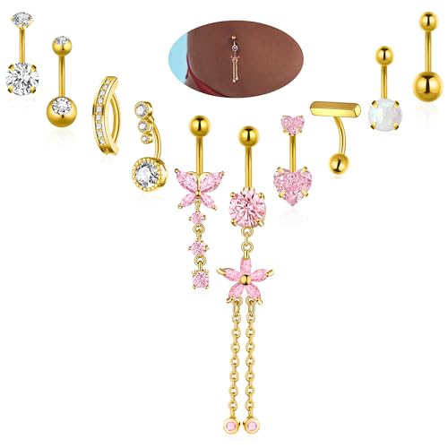BSJ4U Gold Silver Belly Button Ring Belly Rings for Women Belly Button Piercing 14G Surgical Stainless Steel Dangle Flower Pink Heart Opal Navel Belly Piercing Jewelry Clicker Belly Button Jewelry