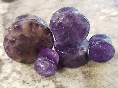 Pair of Amethyst Double Flare Stone Ear Plugs Expander Gauges 2ga - 1 inch E553 - style: 1/2 Inch(12mm)